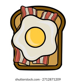 Una vibrante Ilustración vectorial de un abundante sándwich de desayuno con un huevo frito y crujientes rebanadas de tocino en pan tostado, presentado con contornos audaces y un estilo limpio y gráfico.
