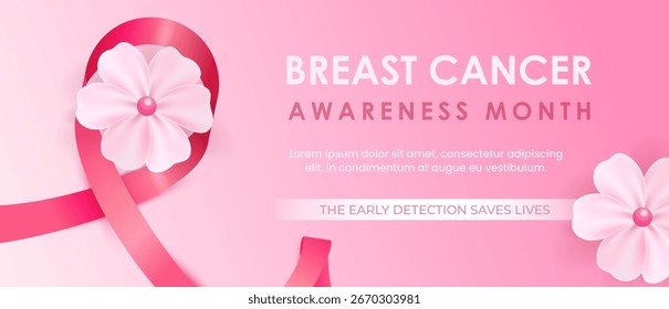 A vibrant vector illustration highlighting breast cancer awareness month, featuring a pink ribbon and floral elements symbolizing hope and support.