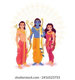 Vibrant vector illustration of Hindu deities Lord Rama, Sita, and Lakshmana from the epic Ramayana, adorned in traditional attire with bows