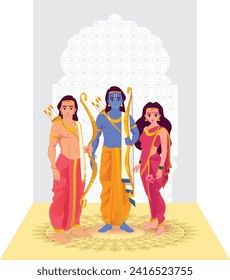 Vibrant vector illustration of Hindu deities Lord Rama, Sita, and Lakshmana from the epic Ramayana, adorned in traditional attire with bows