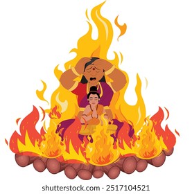 Uma ilustração vetorial vibrante de Holika Dahan, retratando o tradicional ritual da fogueira celebrado durante o Holi. Captura a essência cultural do festival com cores festivas e simbolismo.