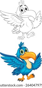 Vibrant vector illustration of a hornbill with bold colors and detailed outlines, showcasing playful expression and dynamic pose
