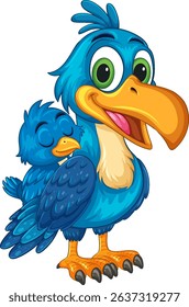 Vibrant vector illustration of a hornbill and chick in a playful cartoon style, featuring bright colors and expressive details