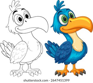 Vibrant vector illustration of a hornbill with a colorful and outlined version. Features bold colors and expressive eyes