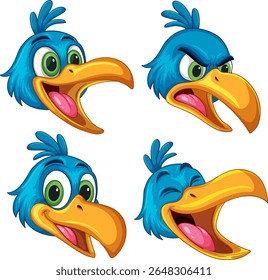 Vibrant vector illustration of hornbill with diverse expressions. Bright colors and playful style enhance character and emotion