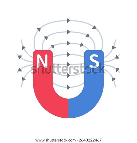 Vibrant vector illustration of a horseshoe magnet showing magnetic field lines and labeled poles.