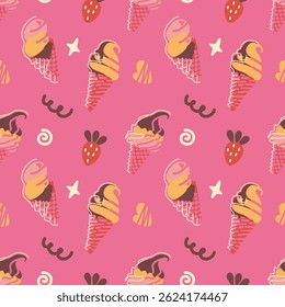 A vibrant vector illustration of ice cream treats against a bold pink patterned backdrop. Playful shapes and lively colors evoke fun, ideal for packaging, summer branding, or digital art.