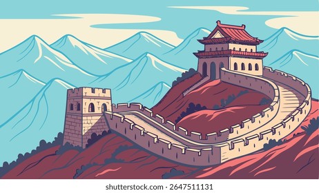 Vibrant vector illustration of the iconic Great Wall of China winding through mountains under a clear sky. Perfect for travel and cultural themes.