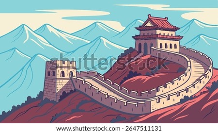 Vibrant vector illustration of the iconic Great Wall of China winding through mountains under a clear sky. Perfect for travel and cultural themes.