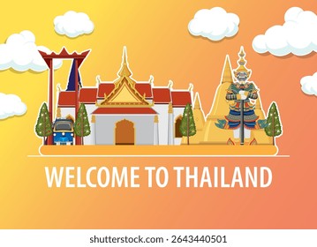 Vibrant vector illustration of iconic Thai landmarks with traditional architecture and mythical figures, set against a gradient sky