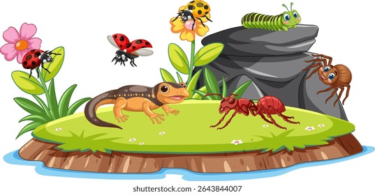 Vibrant vector illustration of insects and a reptile in a garden setting. Bright colors and playful composition enhance the lively atmosphere