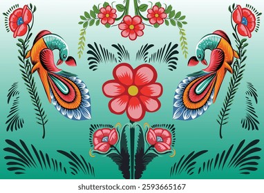 A vibrant vector illustration inspired by traditional Bangladeshi rickshaw art, featuring colorful birds and floral patterns. Ideal for cultural projects, textile prints, wallpapers, and decoration.