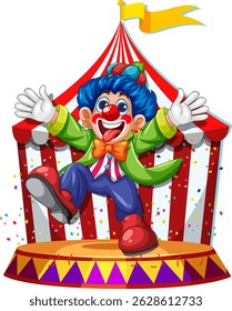 Vibrant vector illustration of a joyful clown on a circus stage with bright colors and dynamic composition