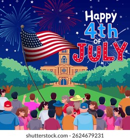 Vibrant vector illustration of a joyful crowd celebrating the 4th of July with fireworks, flag, and festive text