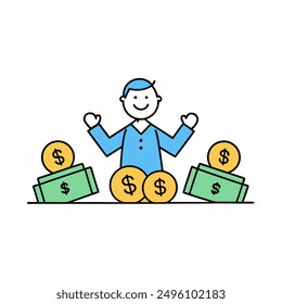 Vibrant vector illustration of a joyful person with money, perfect for stock market themes. Ideal for finance and investment projects