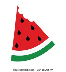 A vibrant vector illustration of a juicy watermelon slice with a bite taken out, showcasing its red flesh, seeds, and green rind. Perfect for summer-themed designs, food labels, or playful digital