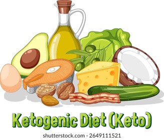 Vibrant vector illustration of keto-friendly foods, featuring fresh ingredients and bold colors. Ideal for health and nutrition content