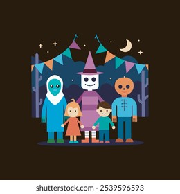 Una vibrante Ilustración vectorial de niños celebrando Halloween con disfraces y dulces, perfecta para proyectos festivos, materiales educativos o decoraciones de temporada.