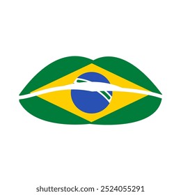 A vibrant vector illustration of kissing lips in colors of Brazilian flag in a flat cartoon style. Tourism campaigns, design brochures, flyers, or packaging