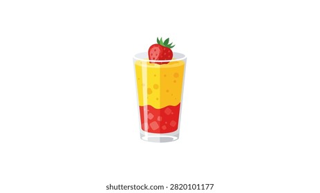A vibrant vector illustration of a layered fruit smoothie served in a clear glass. The bottom layer consists of a red berry mixture with visible fruit pieces, topped with a smooth yellow-orange mango or citrus layer. A whole, ripe strawberry with green leaves sits elegantly on top as a garnish. The image is set against a plain white background, highlighting its clean and refreshing design.