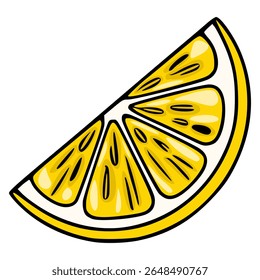 Ilustração vetorial vibrante de uma fatia de limão, mostrando um estilo detalhado desenhado à mão com contornos pretos e um gradiente amarelo suculento, perfeito para adicionar um toque picante aos seus projetos.