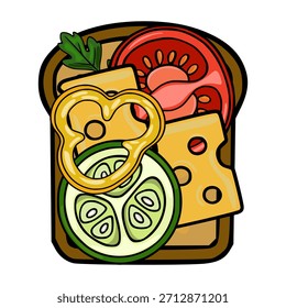 Ilustración vectorial vibrante de un sándwich abierto cargado con ingredientes frescos, mostrando una rebanada de pan cubierta con queso, tomate, pepino, anillo de pimiento y una ramita de perejil.