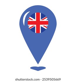 A vibrant vector illustration of a location pin a cartoon style. The United Kingdom clip art element. English language, the UK culture, history, events, and celebrations. Promotion of British