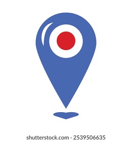 A vibrant vector illustration of a location pin in colors of Japanese flag in a cartoon style. Japanese language and culture. Japanese events or celebrations. Emblems symbolizing unity and identity,