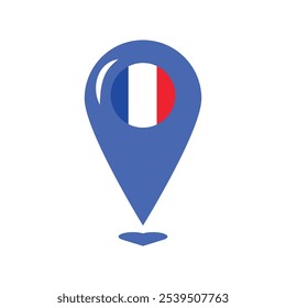 A vibrant vector illustration of a location pin in colors of French flag in a cartoon style. French cultural festivals, culinary events showcasing French cuisine. French products, services, or