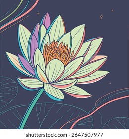 Ilustração vetorial vibrante de uma flor de lótus em cores pastel, com linhas elegantes e uma estética serena e espiritual. Ideal para projetos calmos.
