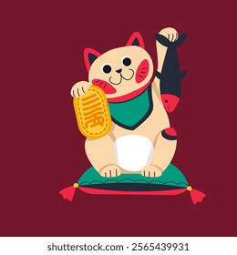 A vibrant vector illustration of a lucky cat holding a fish and a gold coin, sitting on a red cushion. Designed in a flat style with traditional Japanese elements.