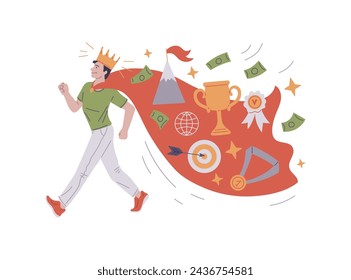 A vibrant vector illustration of a man with a crown, symbolizing victory and success, surrounded by a dynamic swirl of money, a trophy, and goal achievement icons.