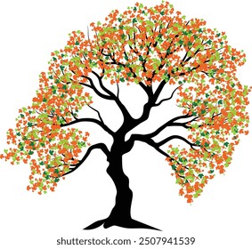 Lebendige Vektorgrafik eines Ahornbaumes, der mit bunten Herbstblättern geschmückt ist. Der Baum ist in Orange-, Gelb-, Rot- und Grüntönen gehalten und fängt die Essenz des Herbstes ein. 