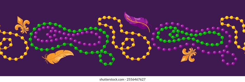 A vibrant vector illustration of Mardi Gras beads forming a horizontal border. The design features colorful, shiny beads in purple, green, and gold, capturing the festive spirit of the celebration.