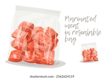 Vibrant vector illustration of marinated meat in a resealable plastic bag isolated on white background. Meat icon with vivid red color and texture. For food packaging design, menu illustrations