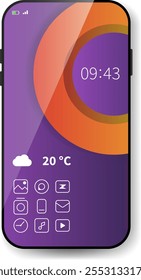 Eine lebendige Vektorgrafik einer mobilen Home-Screen-Schnittstelle mit violettem und orangefarbenem Farbverlauf-Hintergrund mit einem kreisförmigen Gestaltungselement.