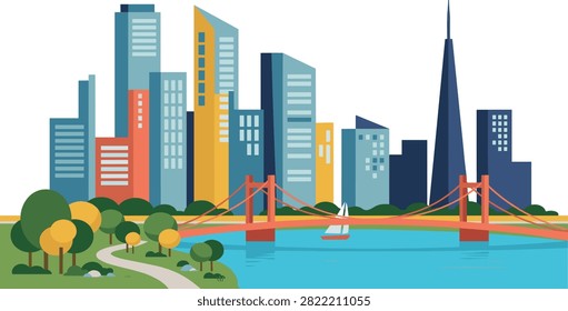 A vibrant vector illustration of a modern cityscape featuring tall skyscrapers, a red suspension bridge over a river, and a lush green park in the foreground.