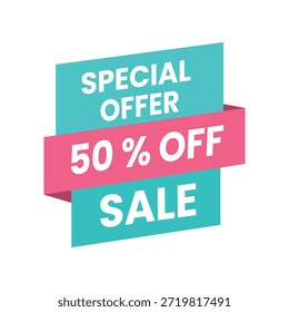 Vibrant vector illustration of a modern, eye-catching sale banner announcing a 50% off special offer. This clean, geometric design features bold white typography on a teal background, intersected by a striking pink ribbon with a folded effect. Ideal for e-commerce websites, social media campaigns, retail flyers, store window decals, email marketing, or any promotion seeking a fresh, high-impact visual. Fully scalable and easily editable for branding, holiday sales, clearance events, or seasonal discounts. Perfect for designers, small businesses, and marketers looking for a contemporary discount tag.