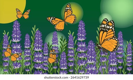 Vibrant vector illustration of monarch butterflies fluttering over lush lavender flowers with a soft green background