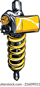 Vibrant vector illustration of a motorcycle shock absorber with bold yellow coils and dynamic design, perfect for automotive and engineering