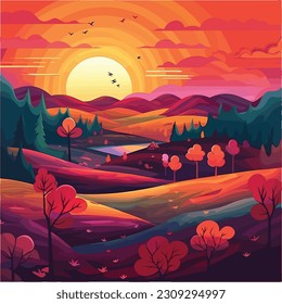 vibrante ilustración vectorial del paisaje montañoso al atardecer