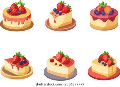 A vibrant vector illustration of a mouthwatering cheesecake topped with fresh berries and strawberries. The dessert is elegantly styled, with creamy layers, a golden crust