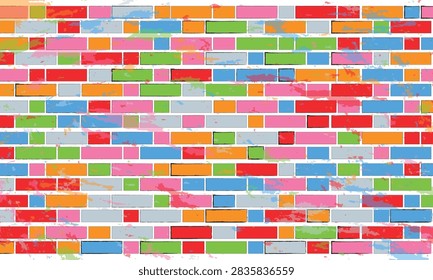 Vibrant vector illustration of a multi-colored brick wall texture with paint splatter overlays. Modern, colorful street art design perfect for bright backdrops, creative wallpapers, artistic banners, web backgrounds, and print projects.