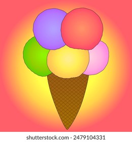 A vibrant vector illustration of a multi-scoop ice cream cone. Perfect for summer-themed designs, promotions, and National Ice Cream Day celebrations.