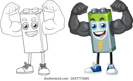 A vibrant vector illustration of a muscular battery character, showcasing strength and energy with bold colors and dynamic composition