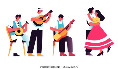 Una vibrante Ilustración vectorial de músicos tocando la guitarra y una pareja bailando. Creado en un estilo de diseño plano, perfecto para promociones de festivales o carteles de eventos culturales.