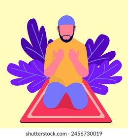 Vibrante Ilustración vectorial de un hombre musulmán en pose de oración, que transmite devoción espiritual y tranquilidad. Perfecto para diversos proyectos creativos. Diseño plano.