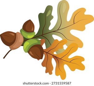 Uma ilustração vetorial vibrante de um ramo de carvalho com folhas de outono coloridas e bolotas. Perfeito para projetos temáticos de queda, projetos de Ação de Graças, decorações sazonais e imagens de stock. Disponível como um vetor livre de royalties para uso criativo versátil.
