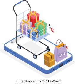 A vibrant vector illustration of an online shopping concept, featuring a shopping cart filled with gift boxes, sale tags, and packages, all placed on a large smartphone screen.