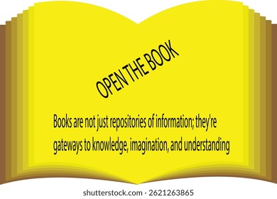 A vibrant vector illustration of an open book with the motivational quote: "Books are not just repositories of information; they're gateways to knowledge, imagination, and understanding." Perfect for 